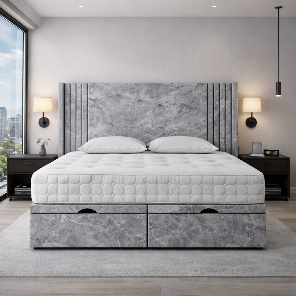 Marble grey Oxford Winged Divan Ottoman Bed
