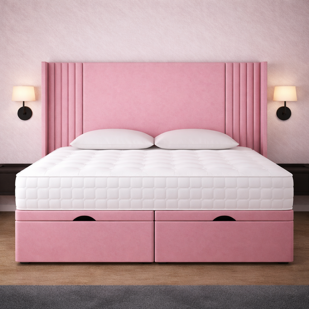 Classic Pink Oxford Winged Divan Ottoman Bed
