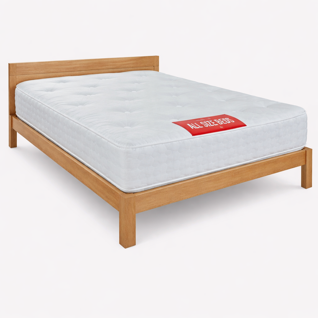 “Premium mattress placed on a wooden bed frame in a modern bedroom setting”