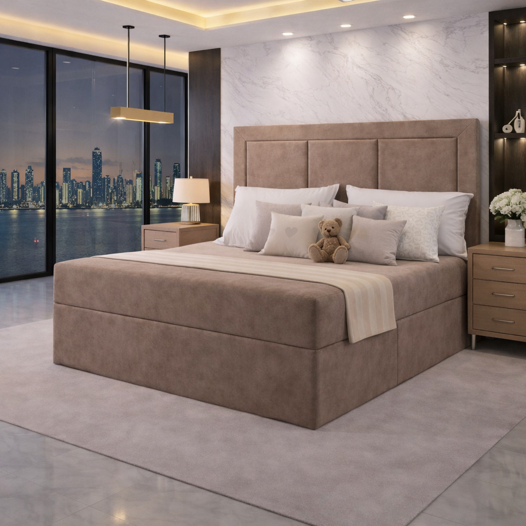 Brown Panama divan bed with upholstered headboard