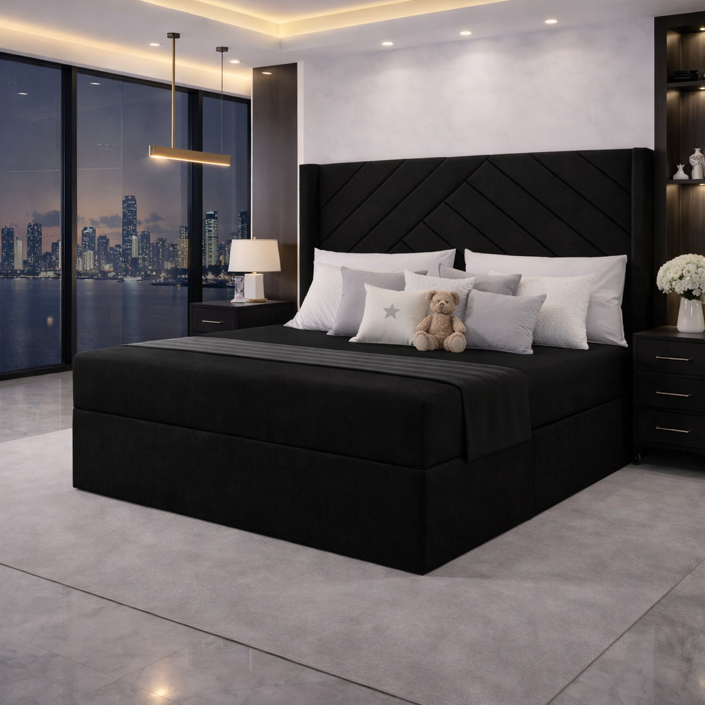 Black Sandra winged divan bed with upholstered headboard