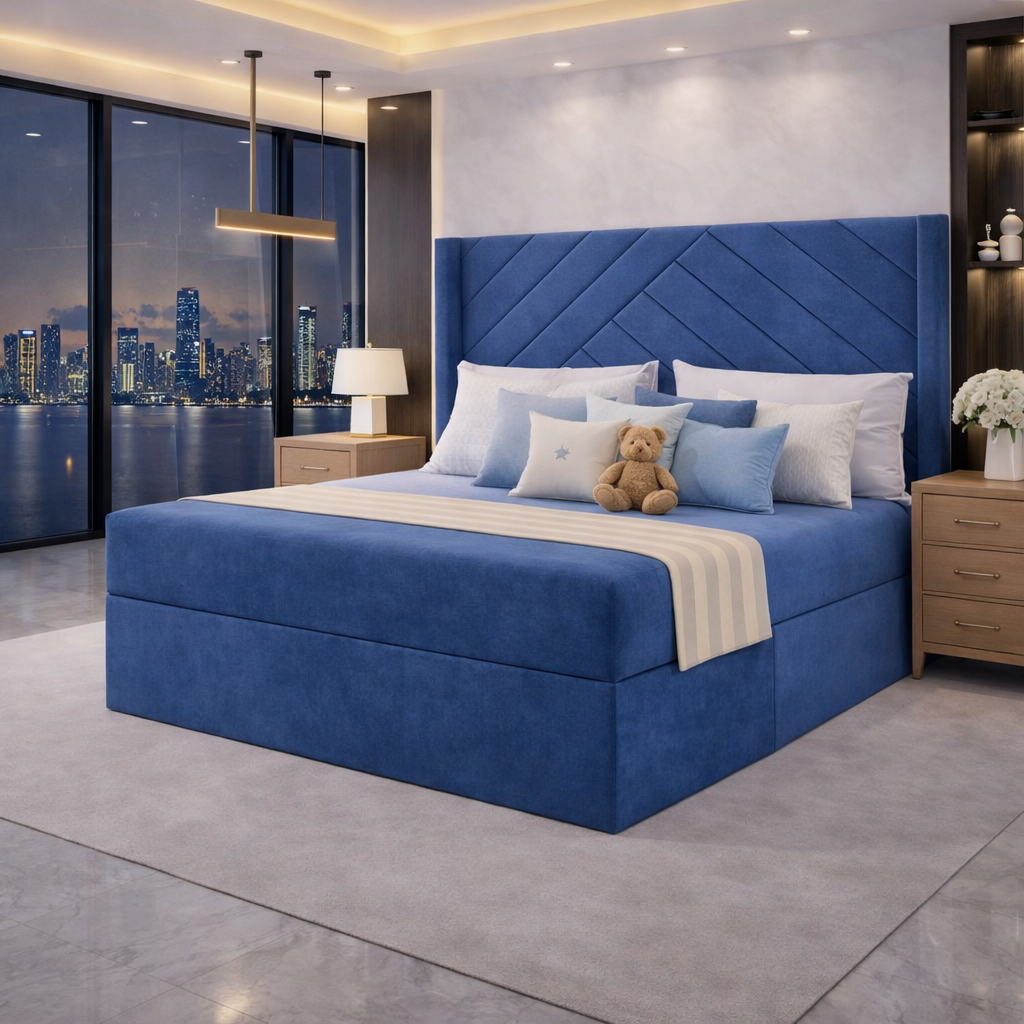 Sandra stylish winged divan bed BLUE