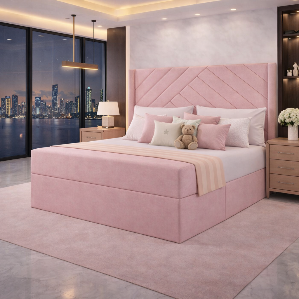 Pink Sandra winged divan bed with comfort