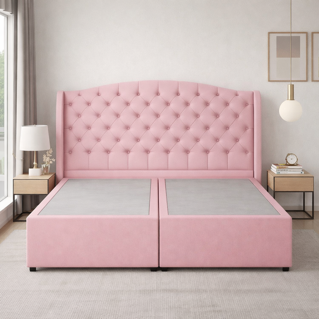 Pink Venice divan bed with upholstered headboard