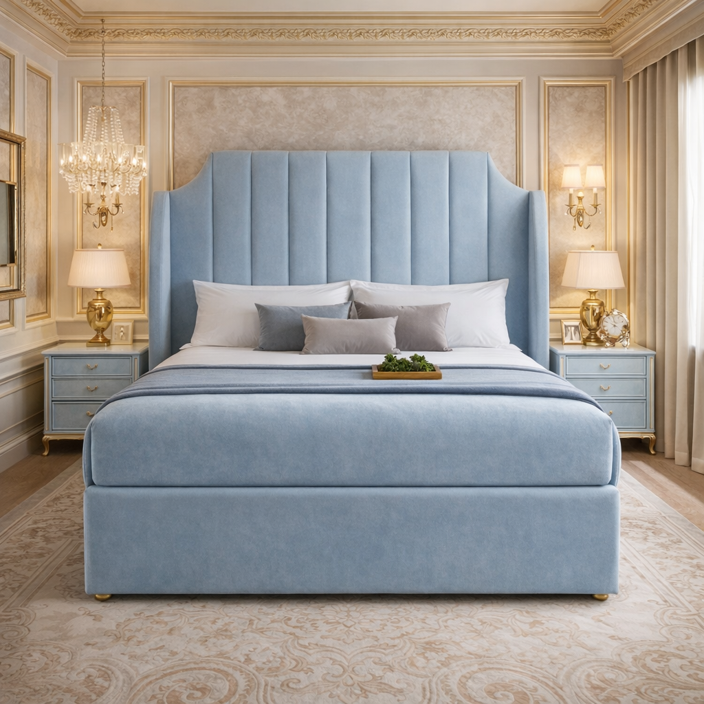 Classic Blue Winged Art Deco Divan Bed
