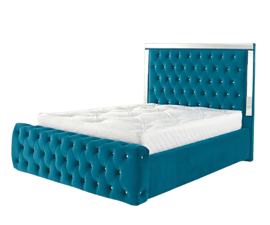 Blue Upholstered bed with mirror